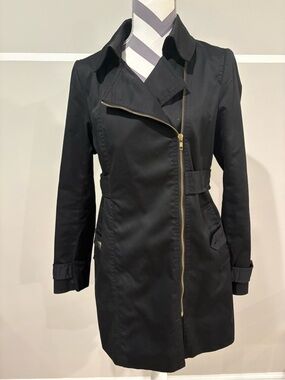 H&M Black Trench Coat with Asymmetrical Gold Zipper